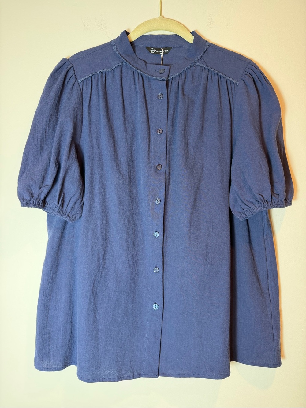 PRETTYGARDEN Blue Cotton Puff Sleeve Blouse Button Down Top  Size Medium NWT
